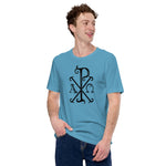 Load image into Gallery viewer, Chi-Rio with Alpha and Omega in Black T-Shirt - Catholicamtees

