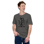 Load image into Gallery viewer, Chi-Rio with Alpha and Omega in Black T-Shirt - Catholicamtees
