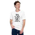 Load image into Gallery viewer, Chi-Rio with Alpha and Omega in Black T-Shirt - Catholicamtees
