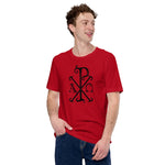 Load image into Gallery viewer, Chi-Rio with Alpha and Omega in Black T-Shirt - Catholicamtees
