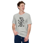 Load image into Gallery viewer, Chi-Rio with Alpha and Omega in Black T-Shirt - Catholicamtees
