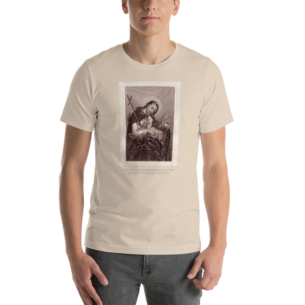 Jesus the Good Shepherd Lace Holy Card T-Shirt - Catholicamtees