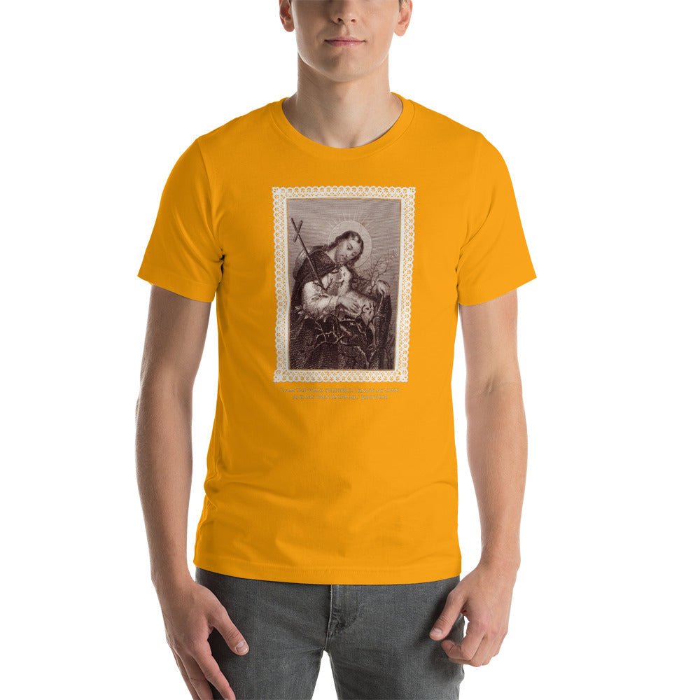 Jesus the Good Shepherd Lace Holy Card T-Shirt - Catholicamtees