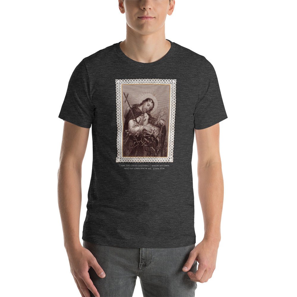 Jesus the Good Shepherd Lace Holy Card T-Shirt - Catholicamtees