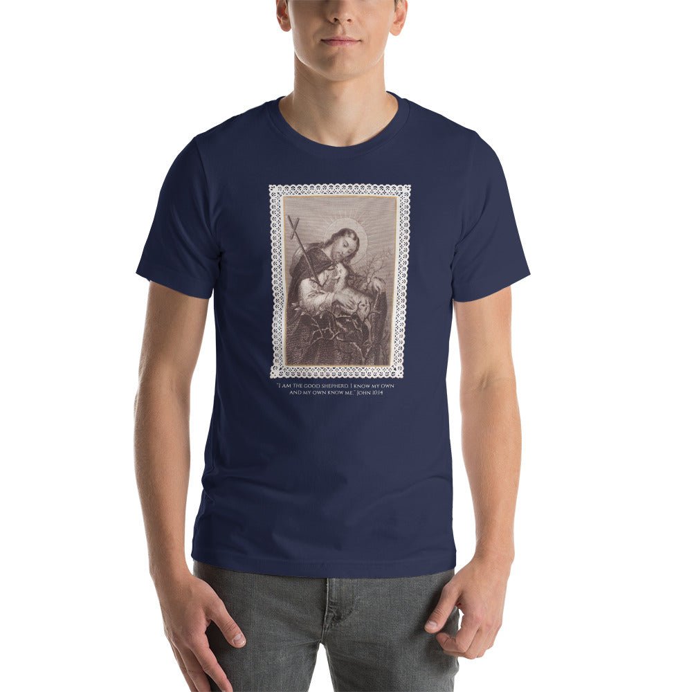 Jesus the Good Shepherd Lace Holy Card T-Shirt - Catholicamtees