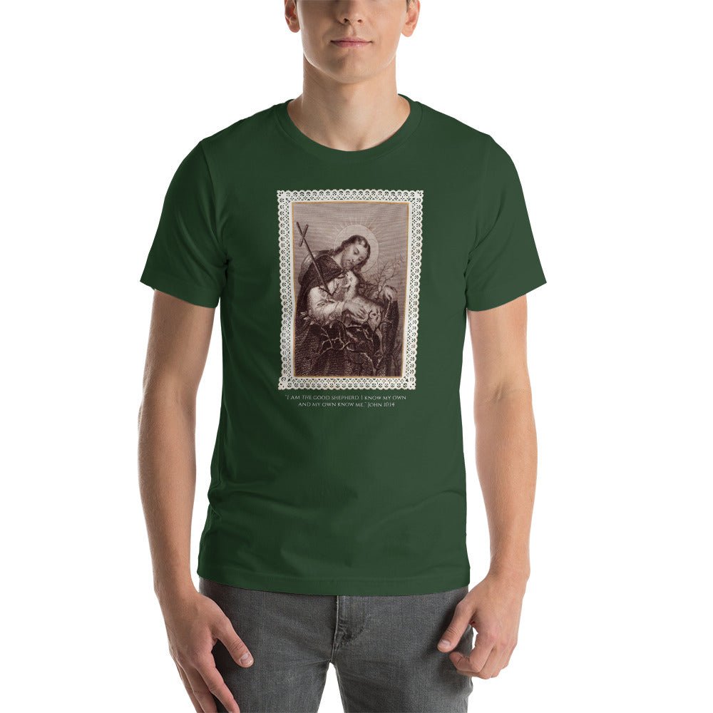 Jesus the Good Shepherd Lace Holy Card T-Shirt - Catholicamtees