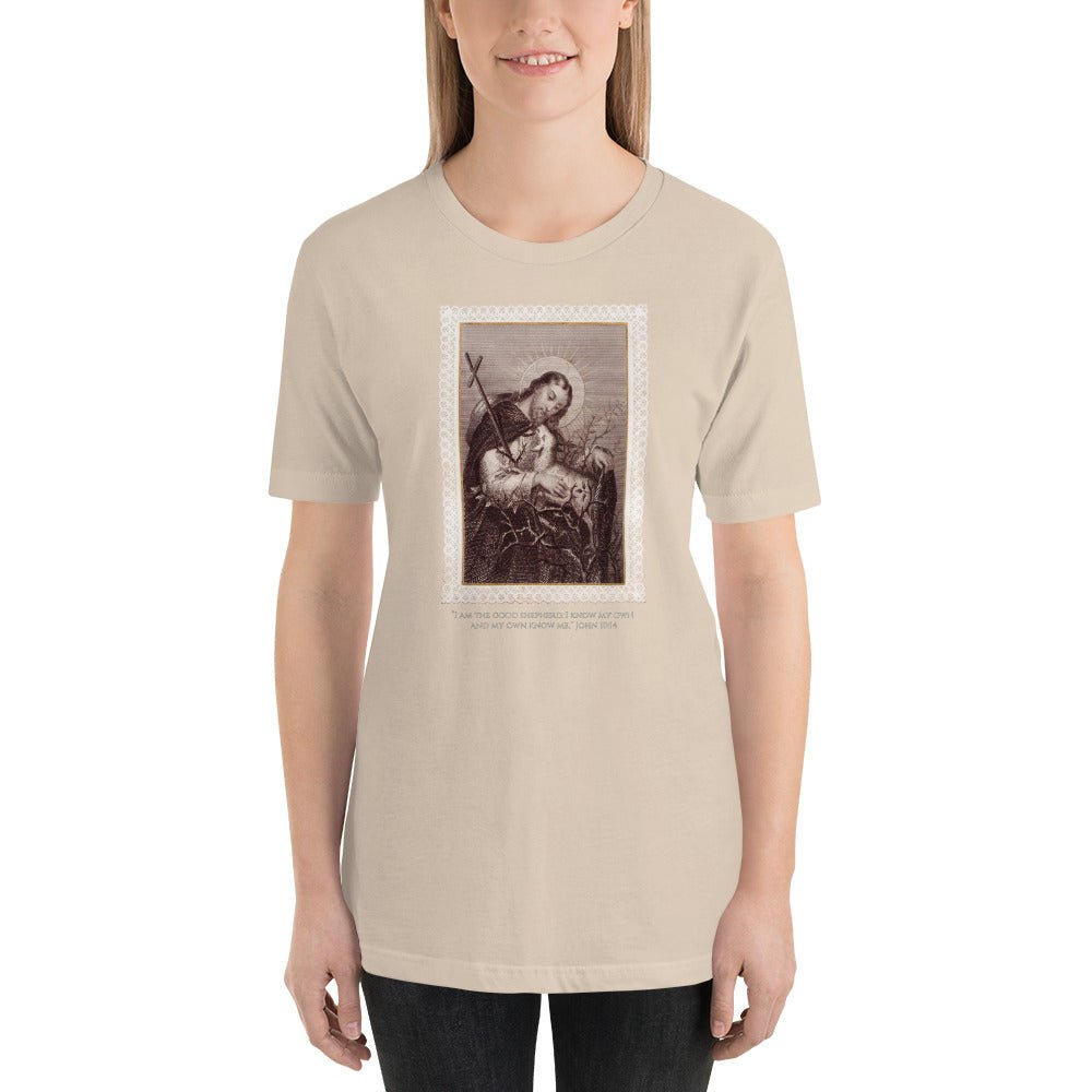 Jesus the Good Shepherd Lace Holy Card T-Shirt - Catholicamtees