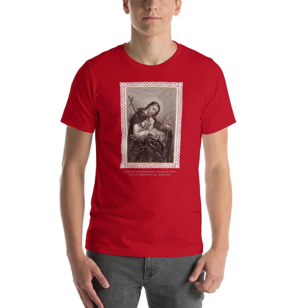 Jesus the Good Shepherd Lace Holy Card T-Shirt - Catholicamtees