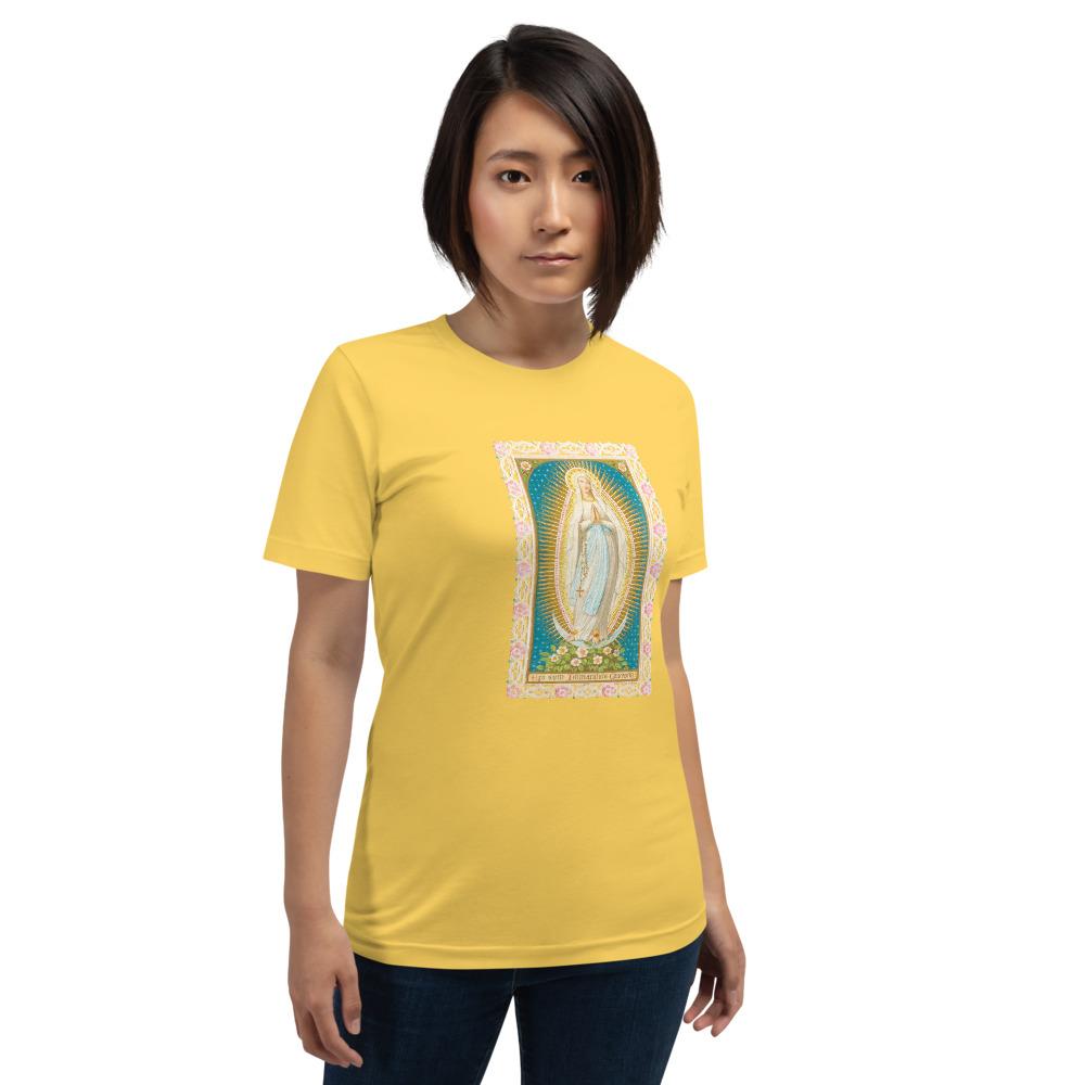 Our Lady of the Immaculate Conception Lace Holy Card Soft and Lightweight Unisex T-Shirt - Catholicamtees