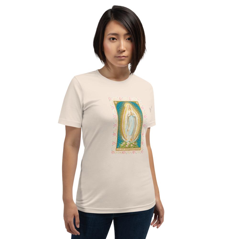 Our Lady of the Immaculate Conception Lace Holy Card Soft and Lightweight Unisex T-Shirt - Catholicamtees