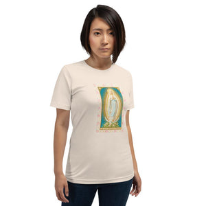 Our Lady of the Immaculate Conception Lace Holy Card Soft and Lightweight Unisex T-Shirt - Catholicamtees