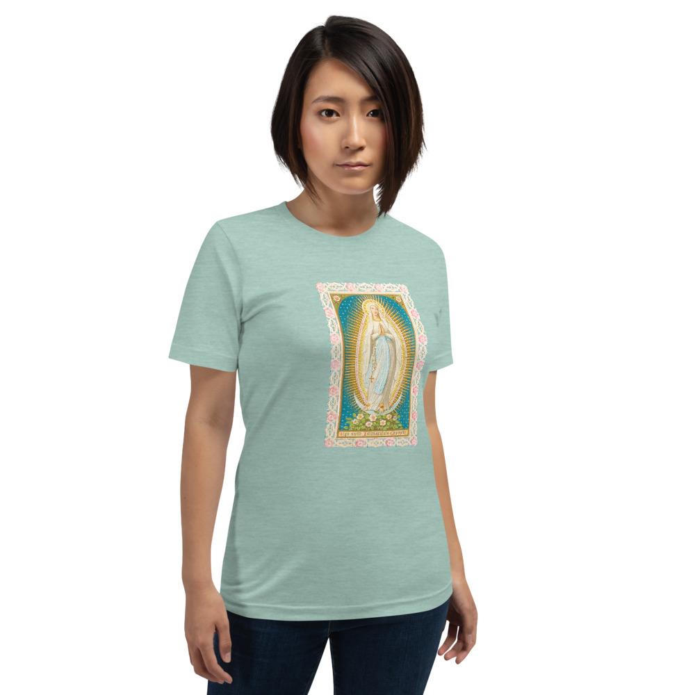Our Lady of the Immaculate Conception Lace Holy Card Soft and Lightweight Unisex T-Shirt - Catholicamtees