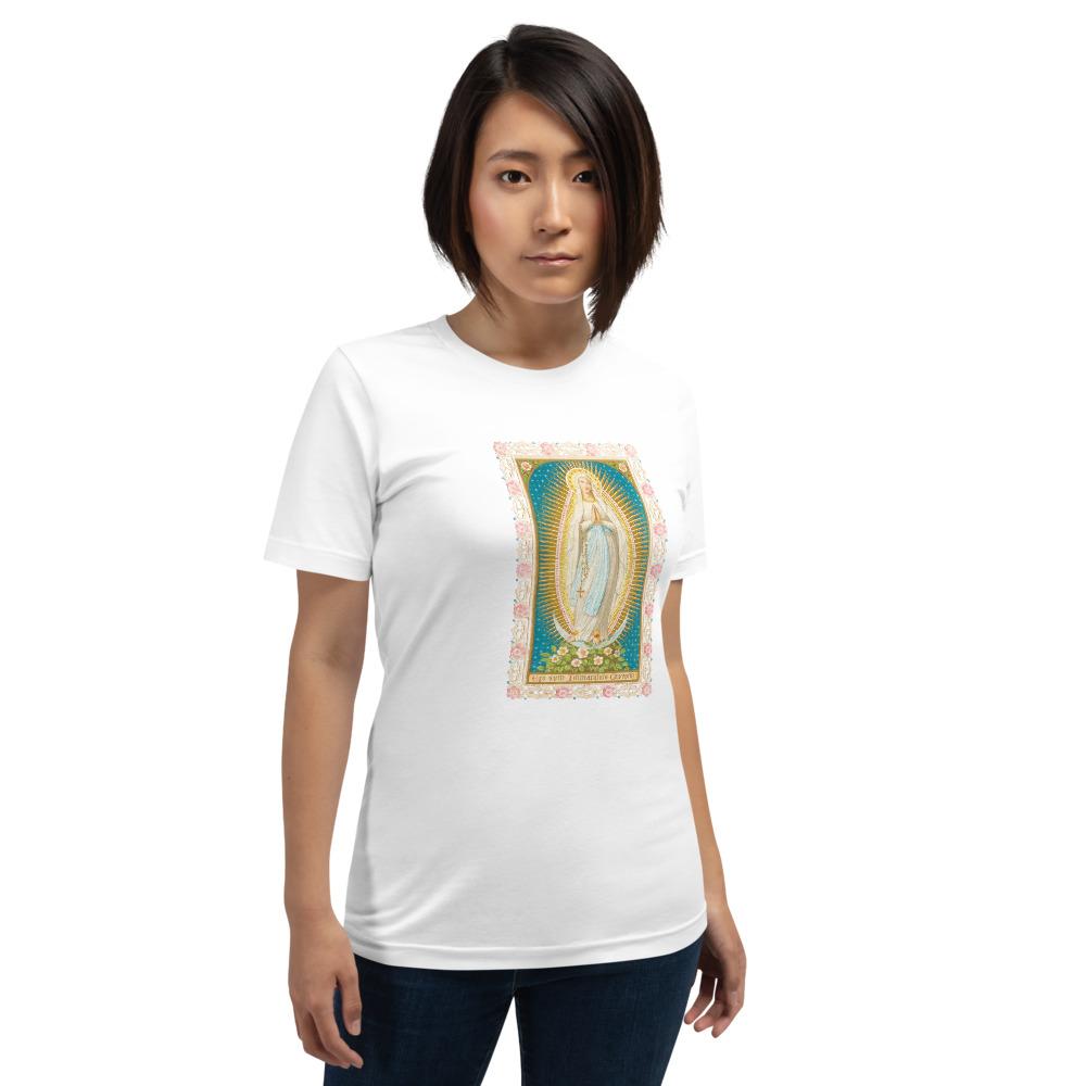 Our Lady of the Immaculate Conception Lace Holy Card Soft and Lightweight Unisex T-Shirt - Catholicamtees