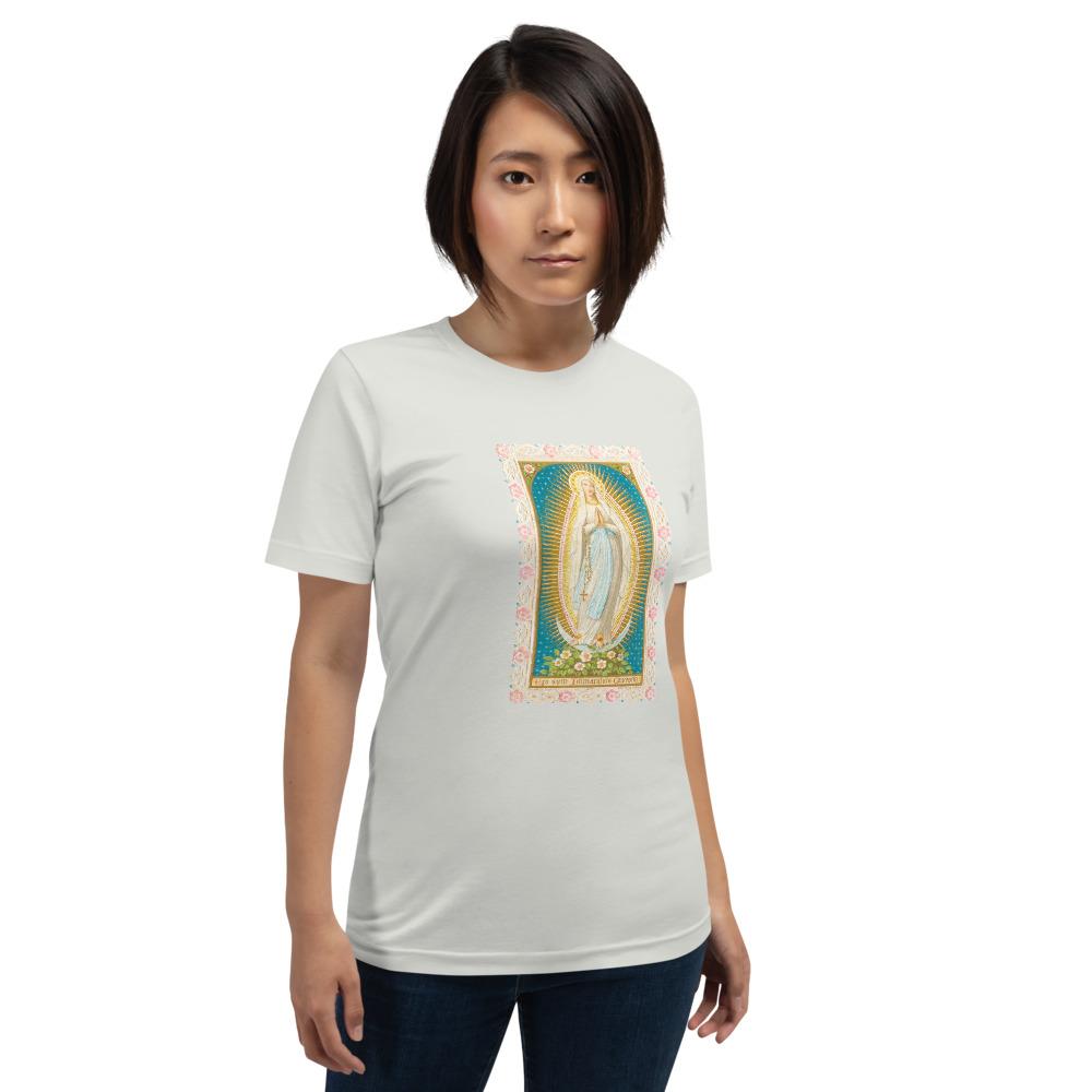 Our Lady of the Immaculate Conception Lace Holy Card Soft and Lightweight Unisex T-Shirt - Catholicamtees