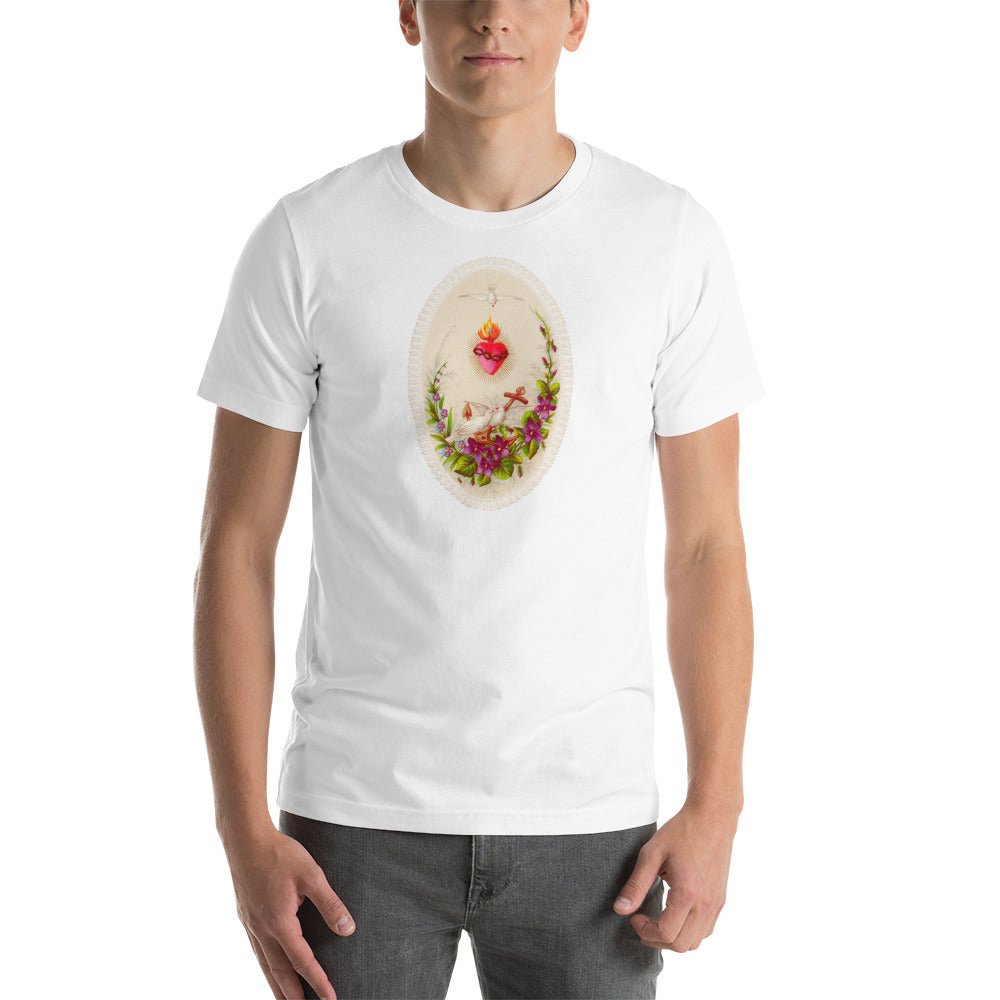 Sacred Heart of Jesus with Doves and Violets Holy Card T-Shirt - Catholicamtees