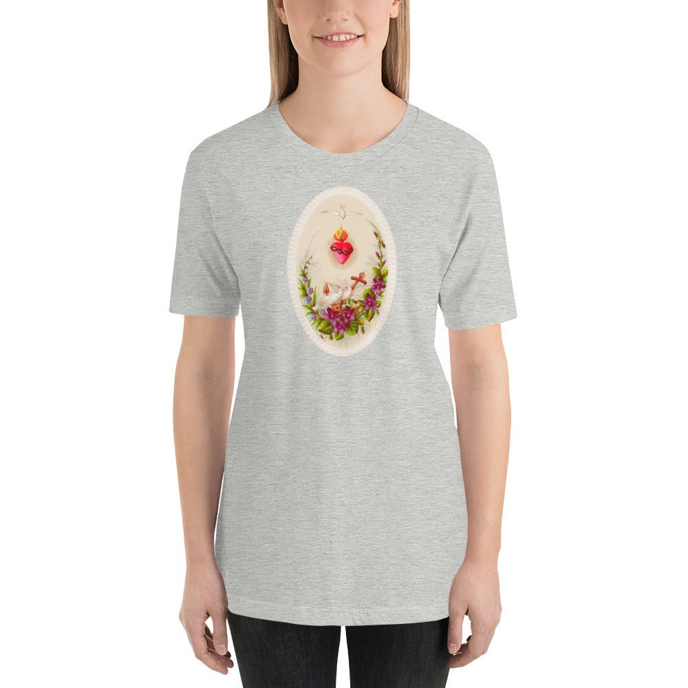 Sacred Heart of Jesus with Doves and Violets Holy Card T-Shirt - Catholicamtees