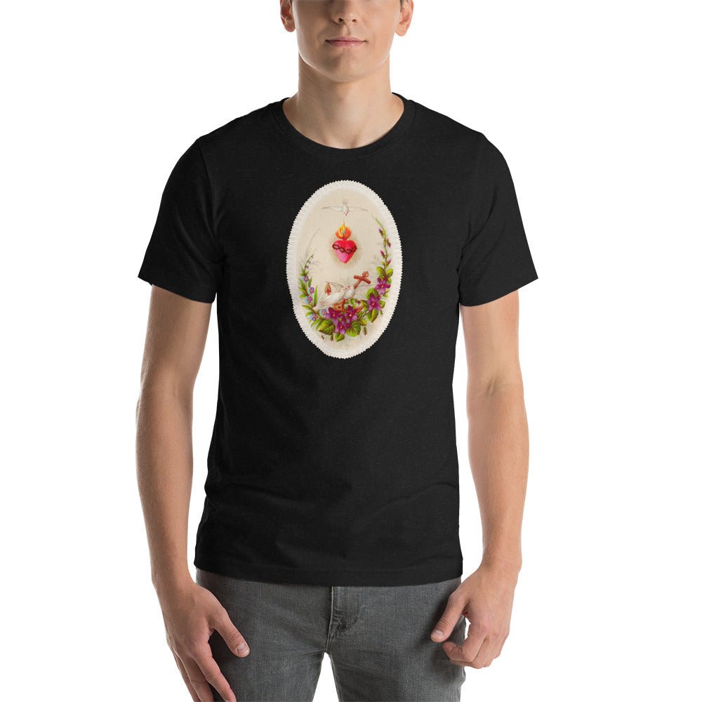 Sacred Heart of Jesus with Doves and Violets Holy Card T-Shirt - Catholicamtees