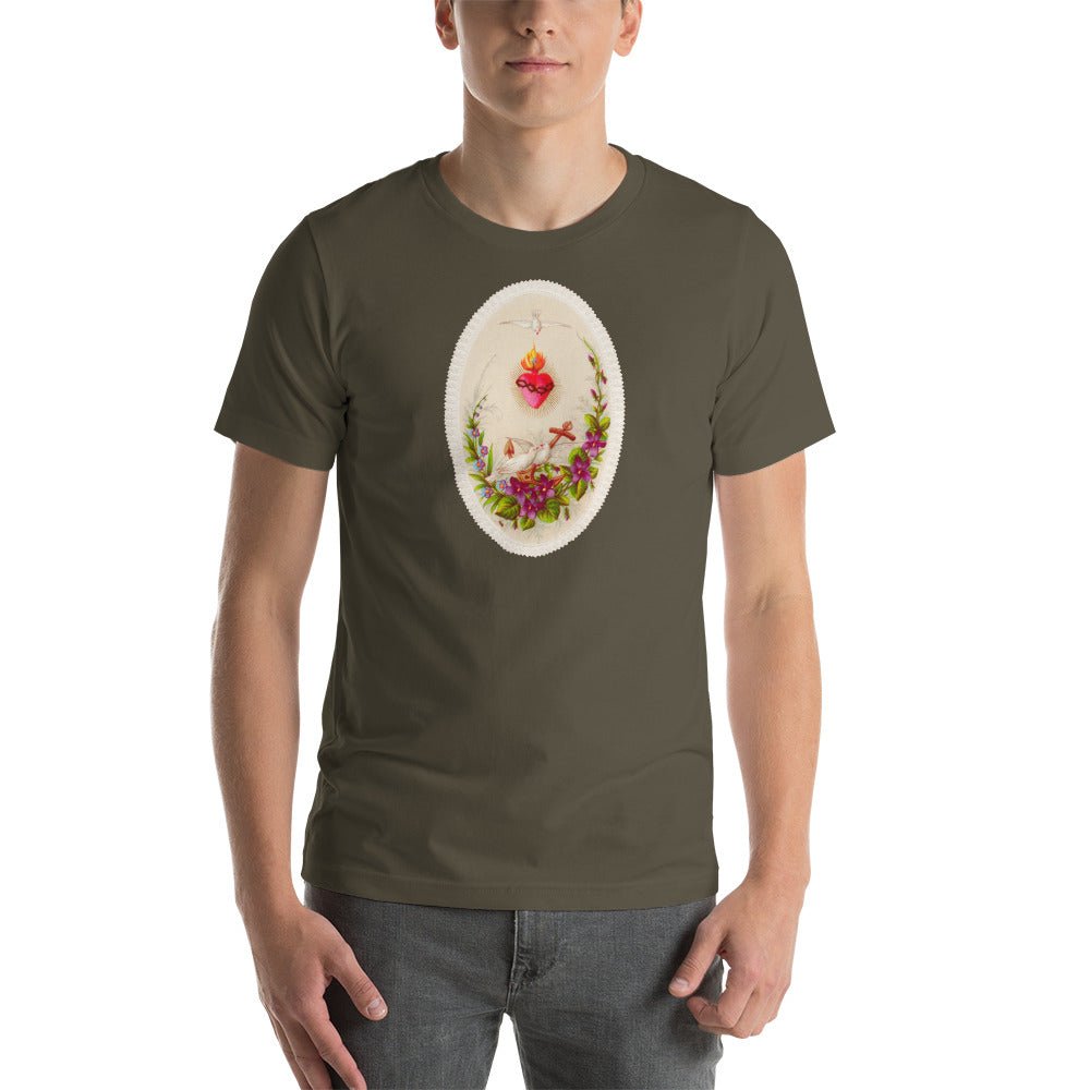 Sacred Heart of Jesus with Doves and Violets Holy Card T-Shirt - Catholicamtees