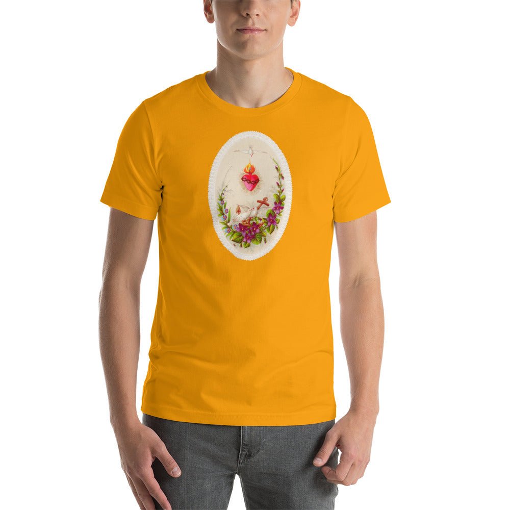 Sacred Heart of Jesus with Doves and Violets Holy Card T-Shirt - Catholicamtees