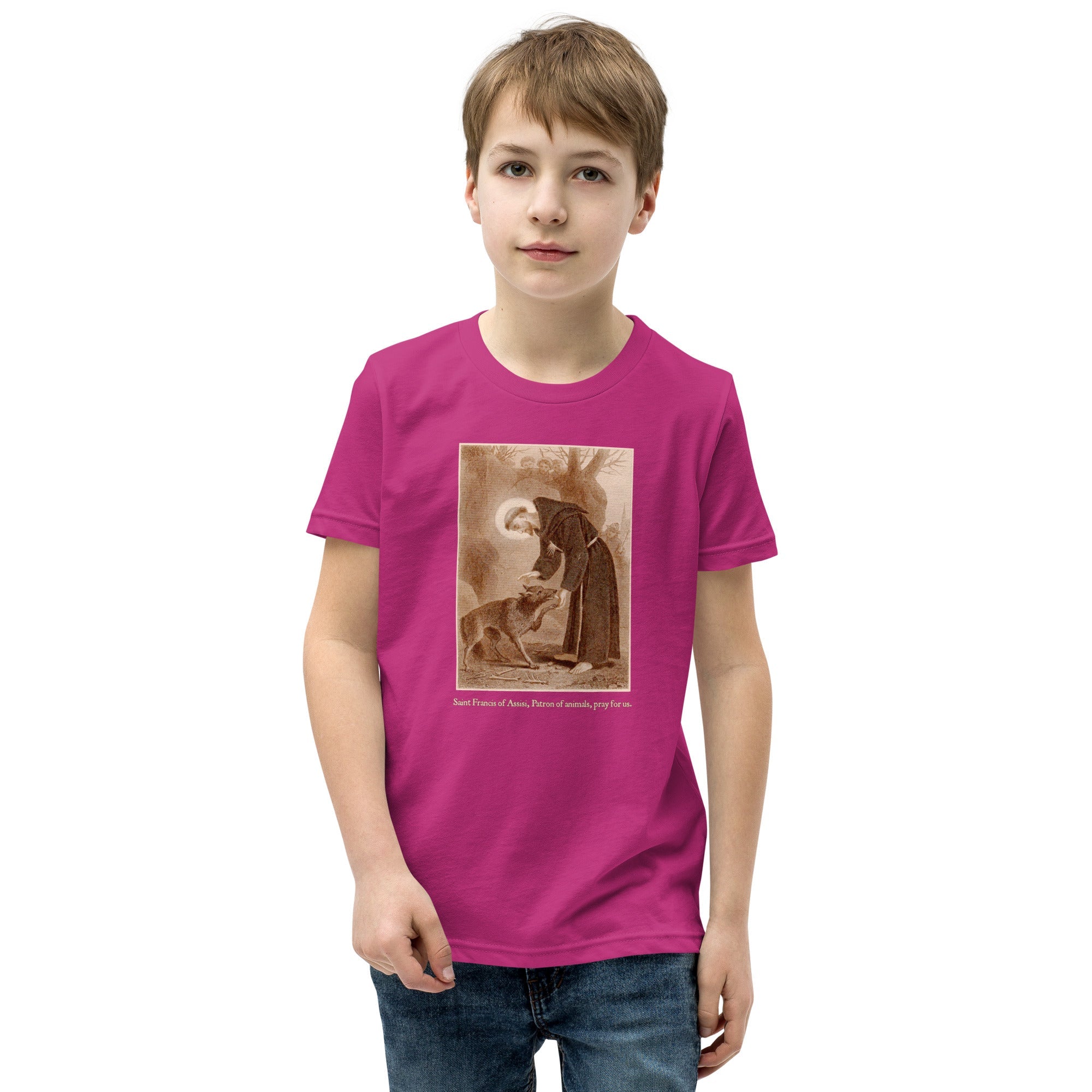 St. Francis of Assisi with the wolf of Gubbio T-Shirt Youth T-Shirt - Catholicamtees