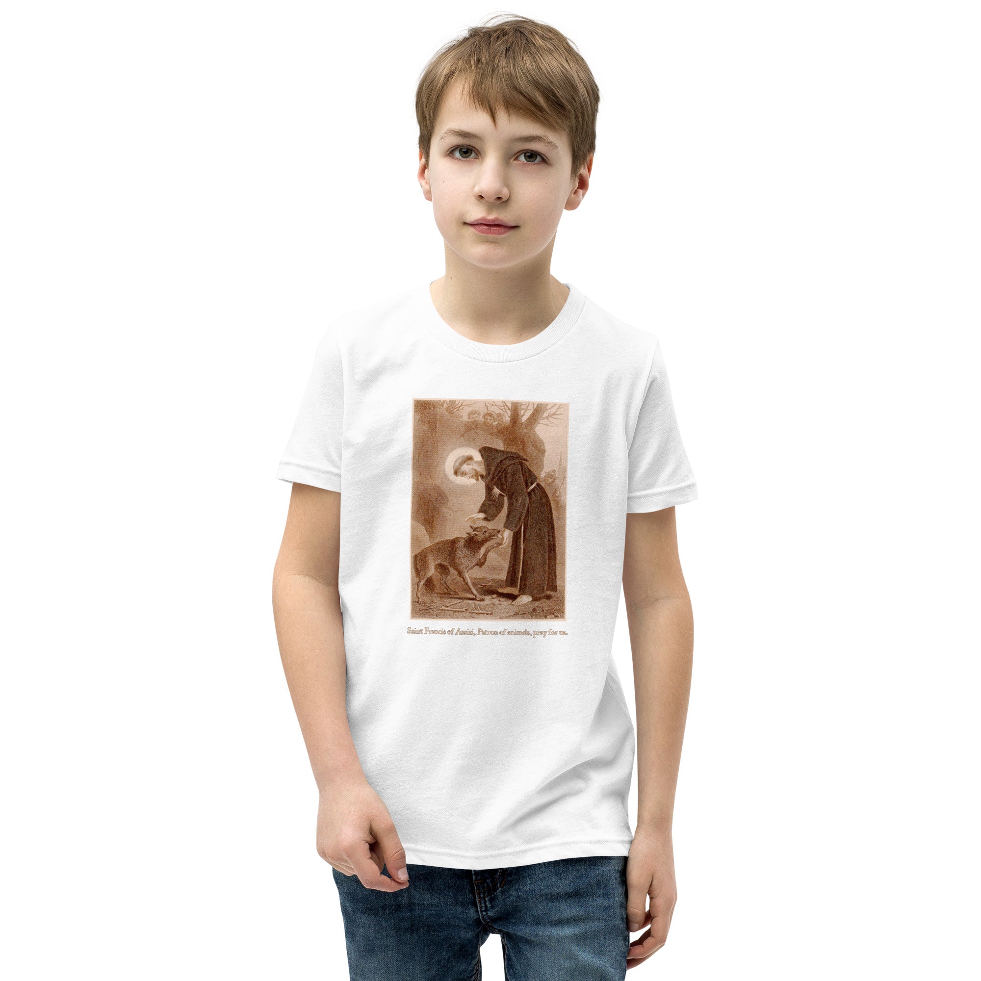 St. Francis of Assisi with the wolf of Gubbio T-Shirt Youth T-Shirt - Catholicamtees