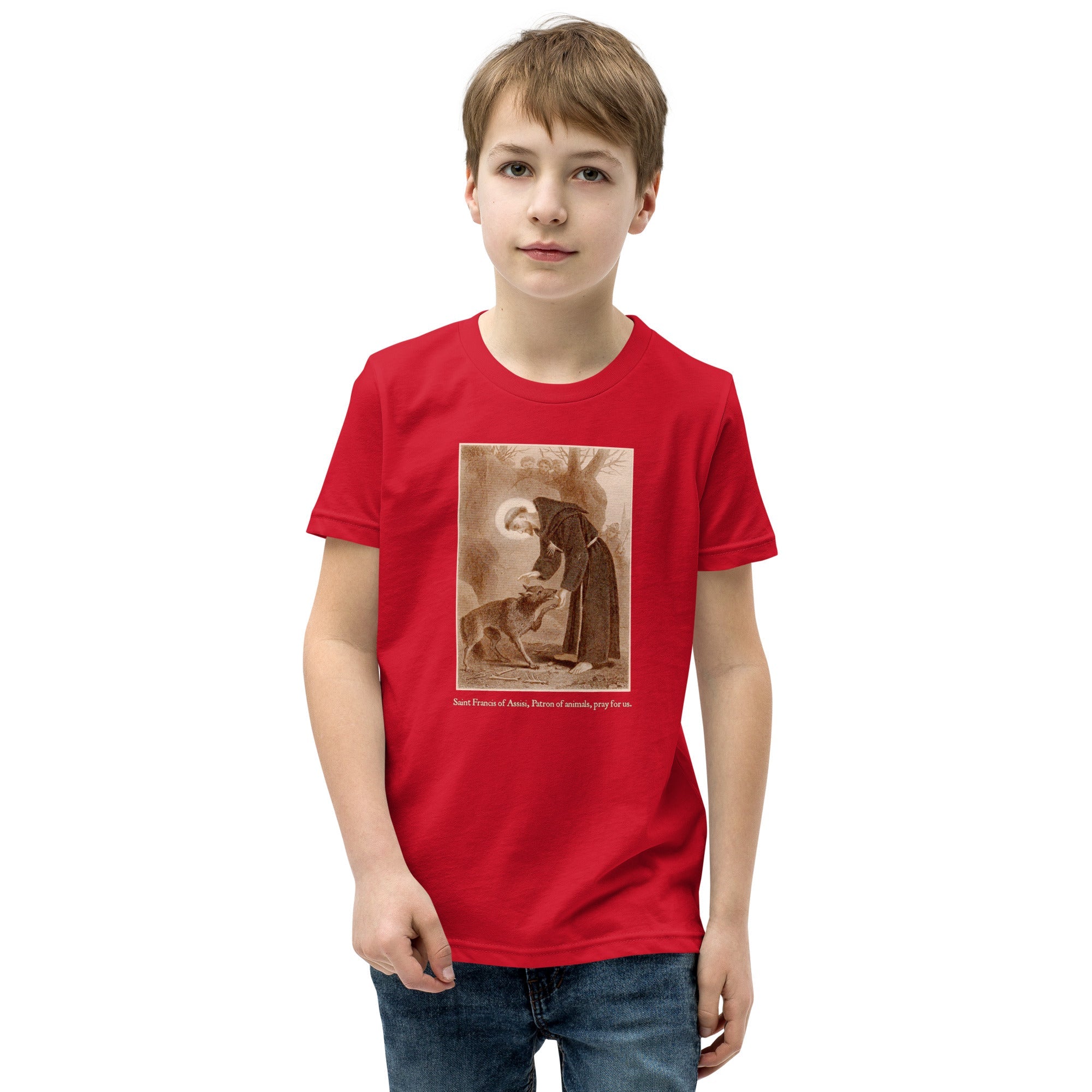 St. Francis of Assisi with the wolf of Gubbio T-Shirt Youth T-Shirt - Catholicamtees